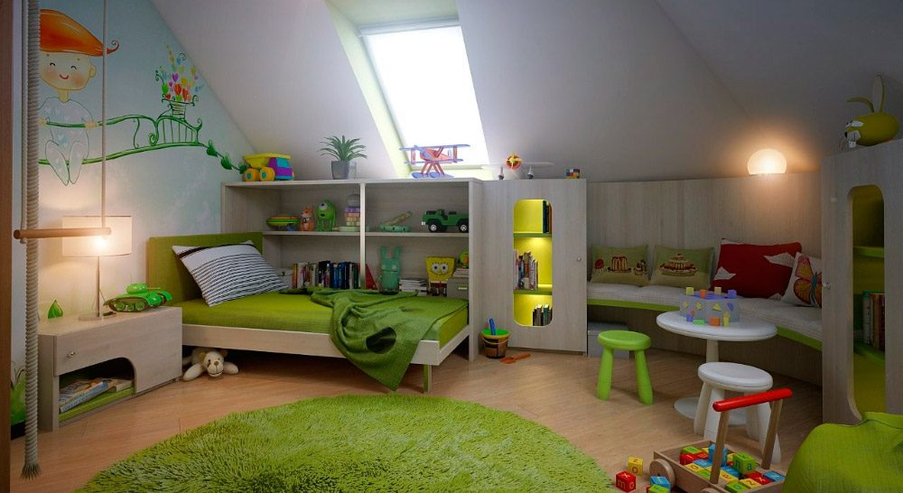 Decoración infantil del dormitorio en la buhardilla
