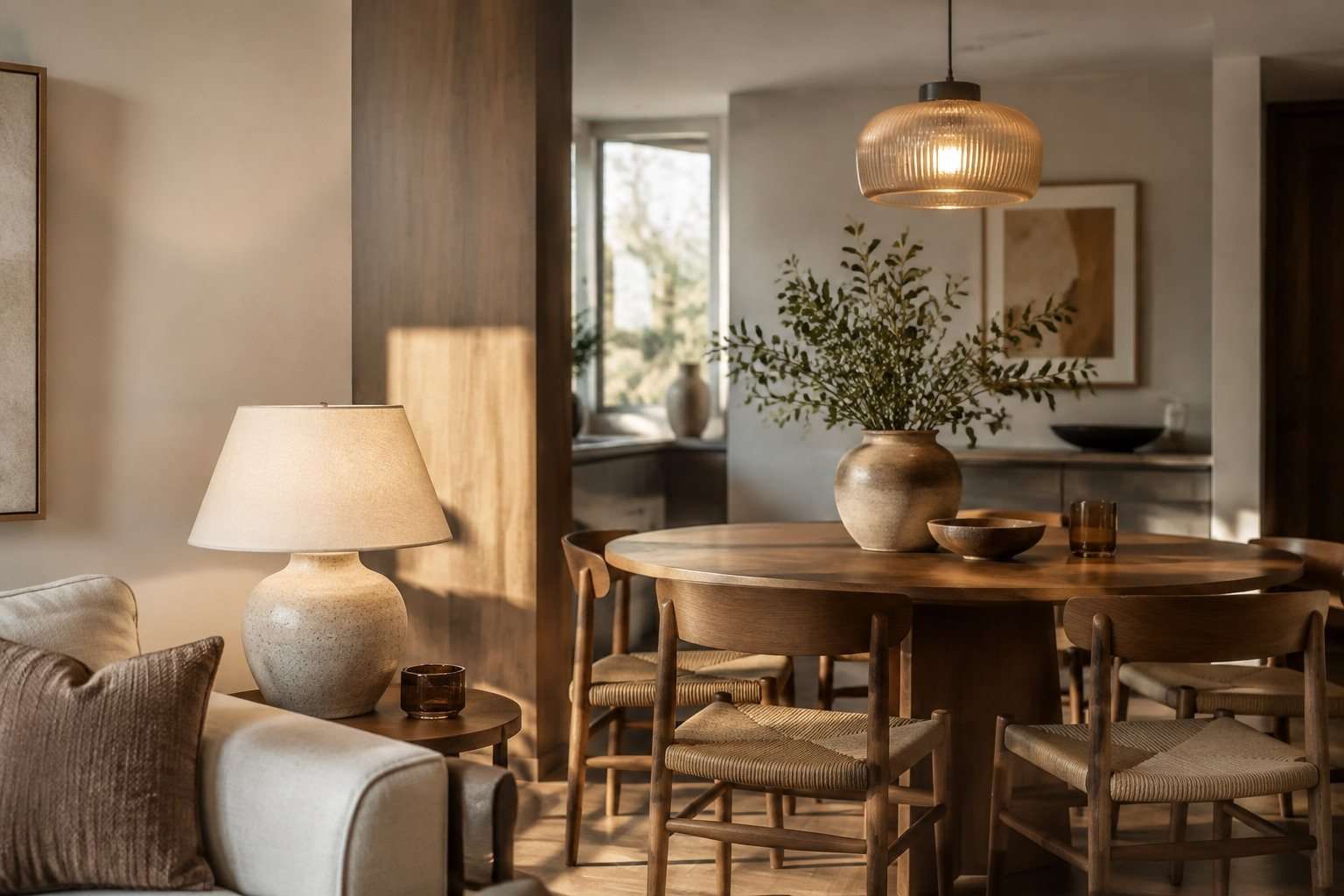 Detalle de iluminación y materiales compartidos entre salón y comedor